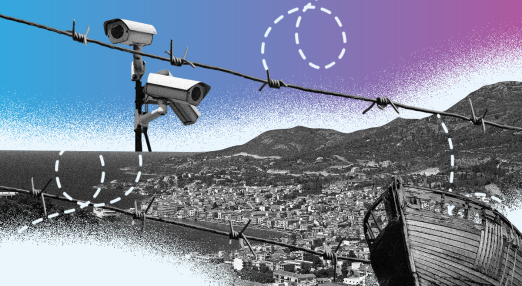 A collage showing surveillance cameras mounted on barbed wire, overlooking a coastal town surrounded by mountains. A wrecked boat appears in the foreground, while dashed lines resembling migration routes arc across the sky. The image evokes themes of border control, migration, and surveillance at Europe’s edges.