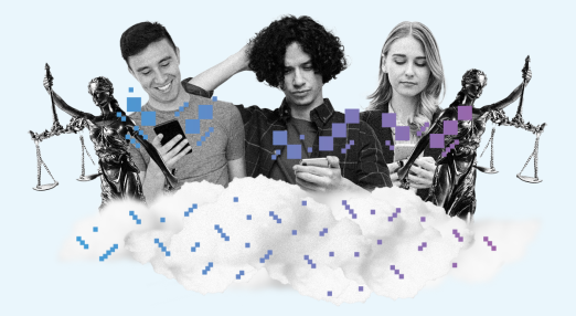 hree young people are looking at their phones with different expressions, overlaid with pixelated blue and purple squares. They are surrounded by statues of Lady Justice holding scales, and standing above stylised clouds, suggesting a digital or cloud-based setting.